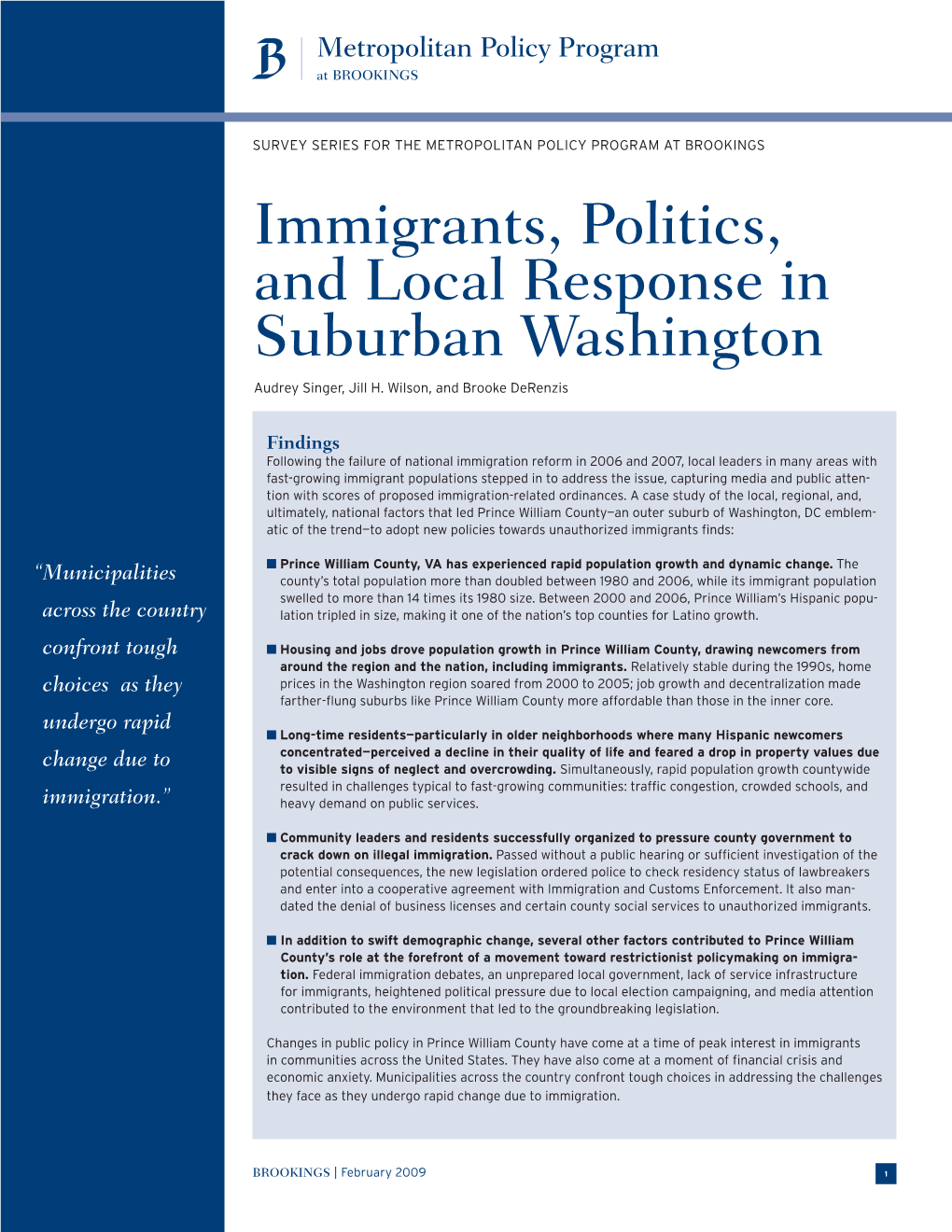 Immigrants, Politics, and Local Response in Suburban Washington Audrey Singer, Jill H