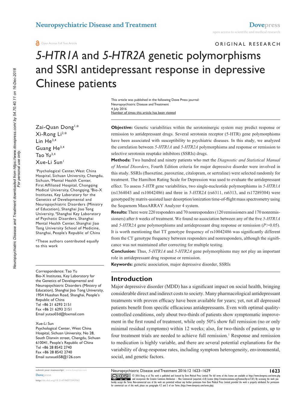5-HTR1A and 5-HTR2A Genetic Polymorphisms and SSRI Antidepressant Response in Depressive Chinese Patients