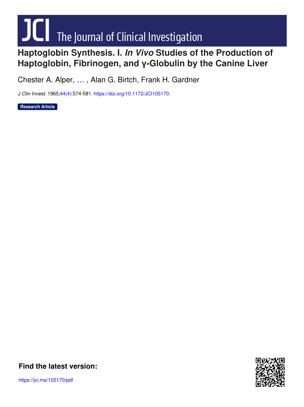 Haptoglobin Synthesis. I. in Vivo Studies of the Production of Haptoglobin, Fibrinogen, and Γ-Globulin by the Canine Liver