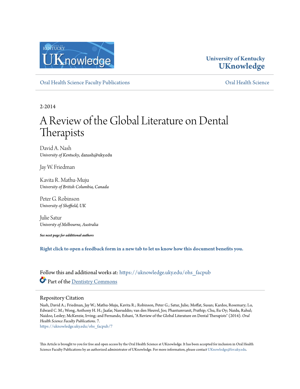 A Review of the Global Literature on Dental Therapists David A