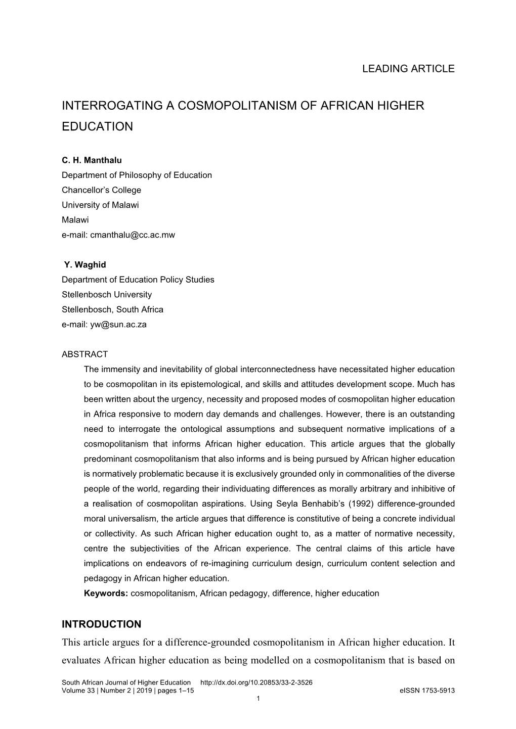 Interrogating a Cosmopolitanism of African Higher Education