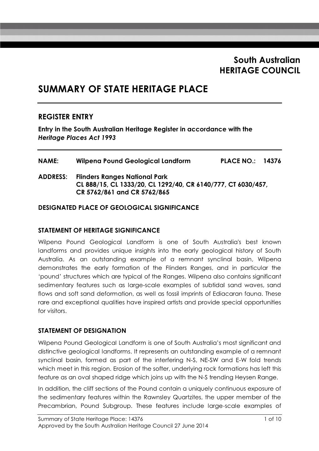 Summary of State Heritage Place