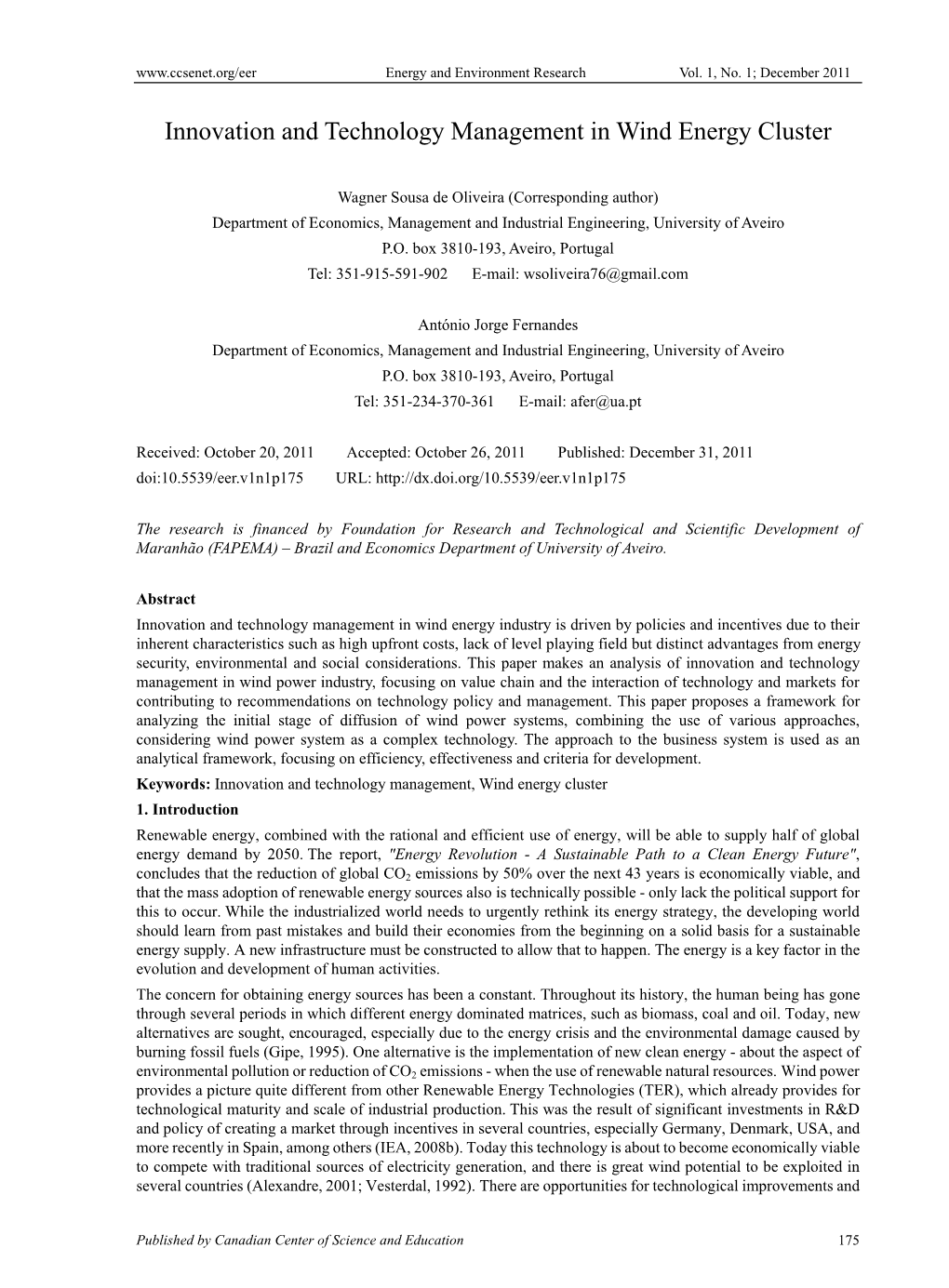 Innovation and Technology Management in Wind Energy Cluster