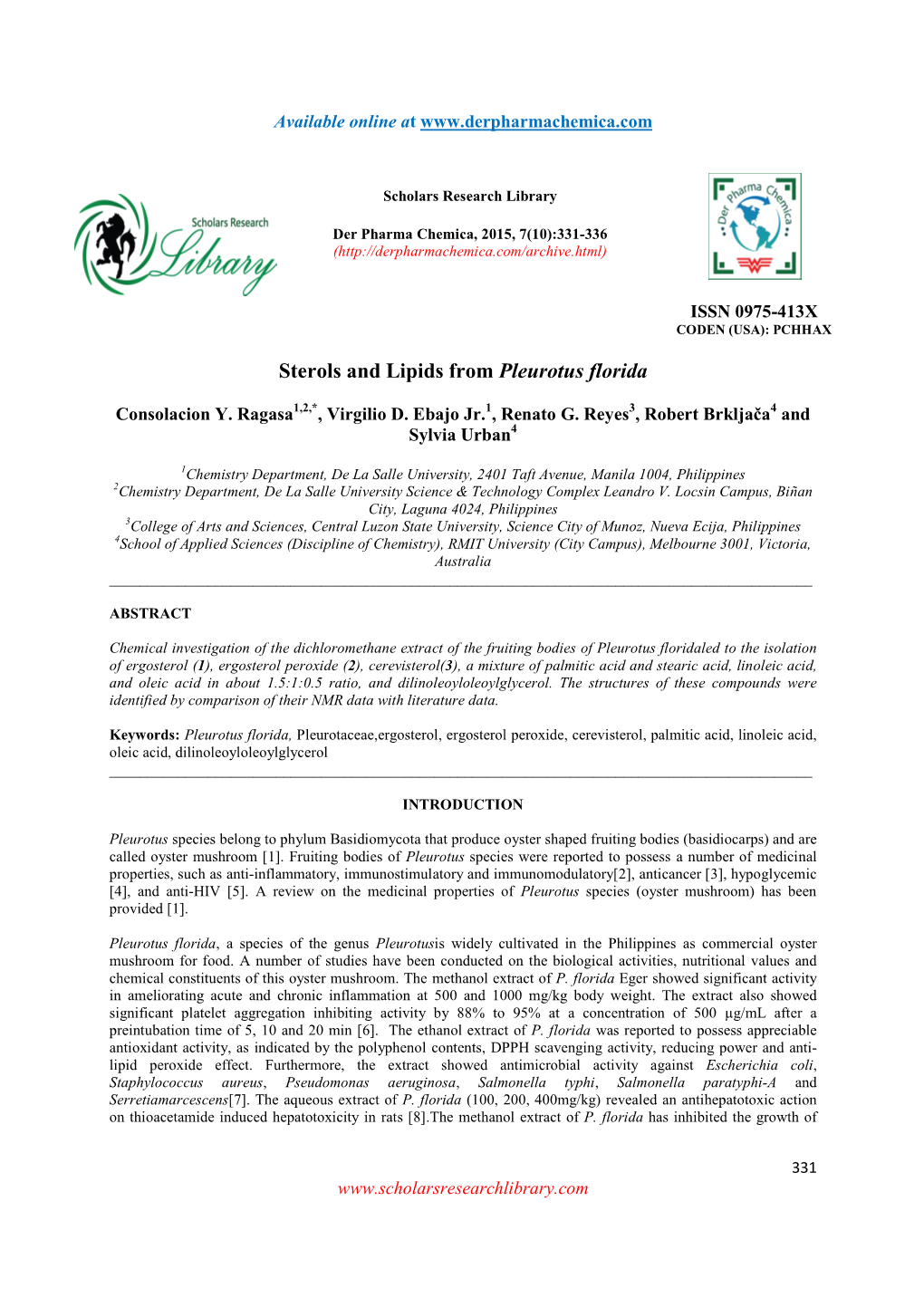 Sterols and Lipids from Pleurotus Florida