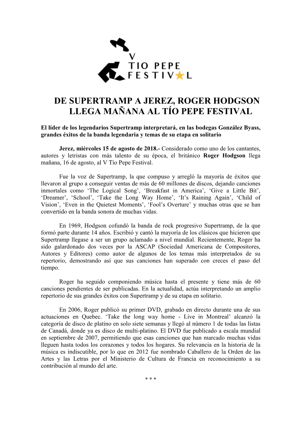 De Supertramp a Jerez, Roger Hodgson Llega Mañana Al Tío Pepe Festival