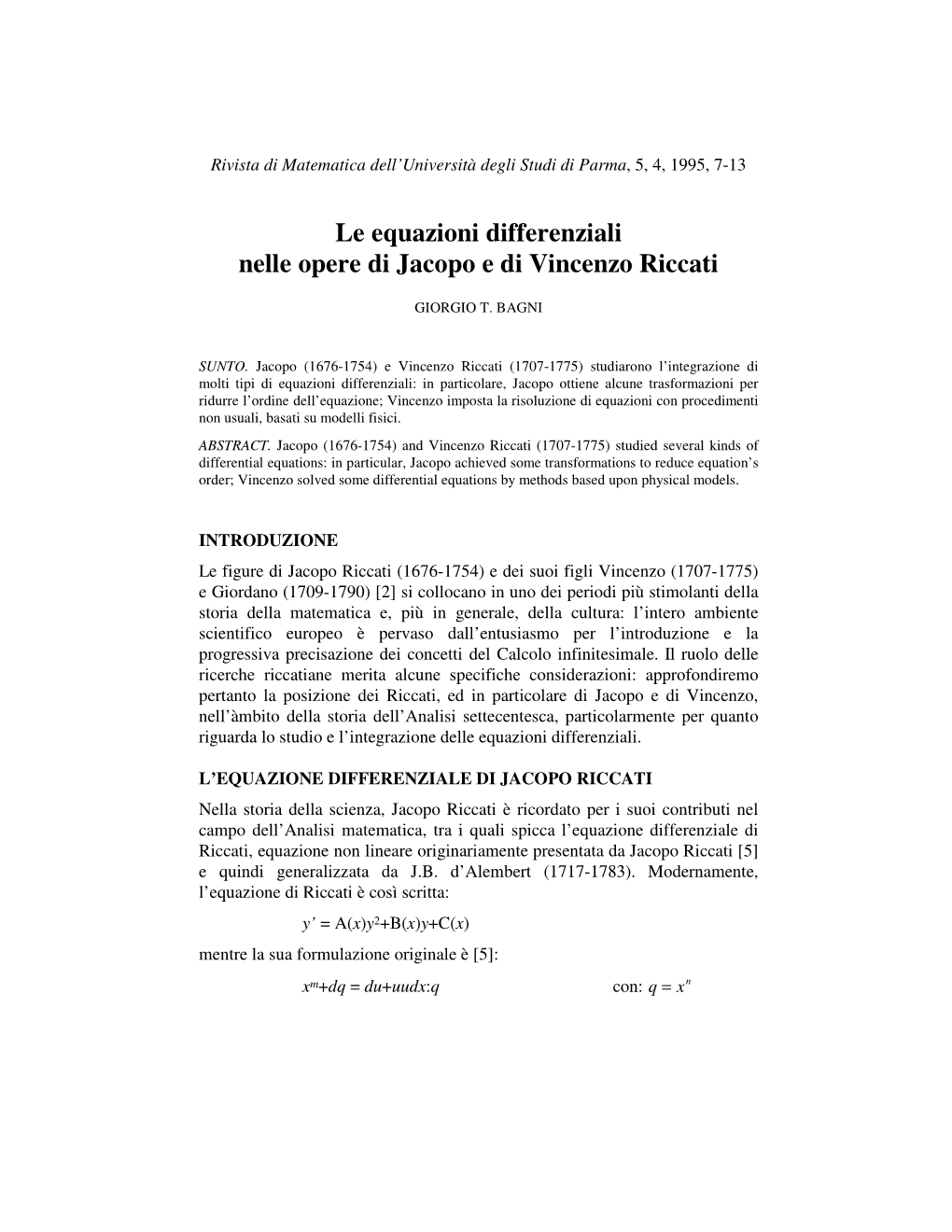 Le Equazioni Differenziali Nelle Opere Di Jacopo E Di Vincenzo Riccati