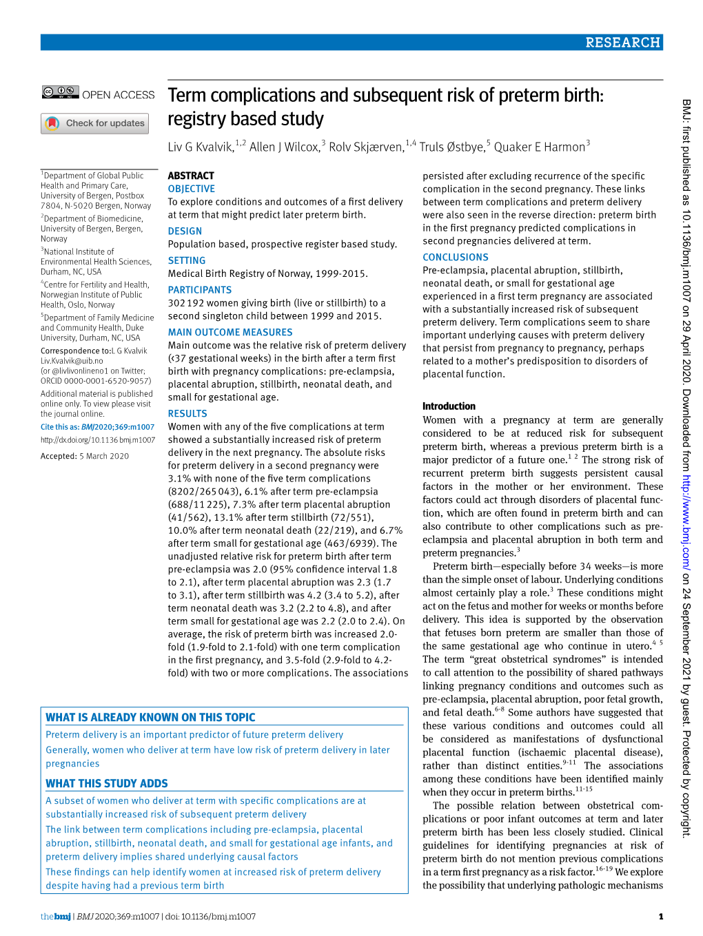 Term Complications and Subsequent Risk of Preterm Birth: BMJ: First Published As 10.1136/Bmj.M1007 on 29 April 2020