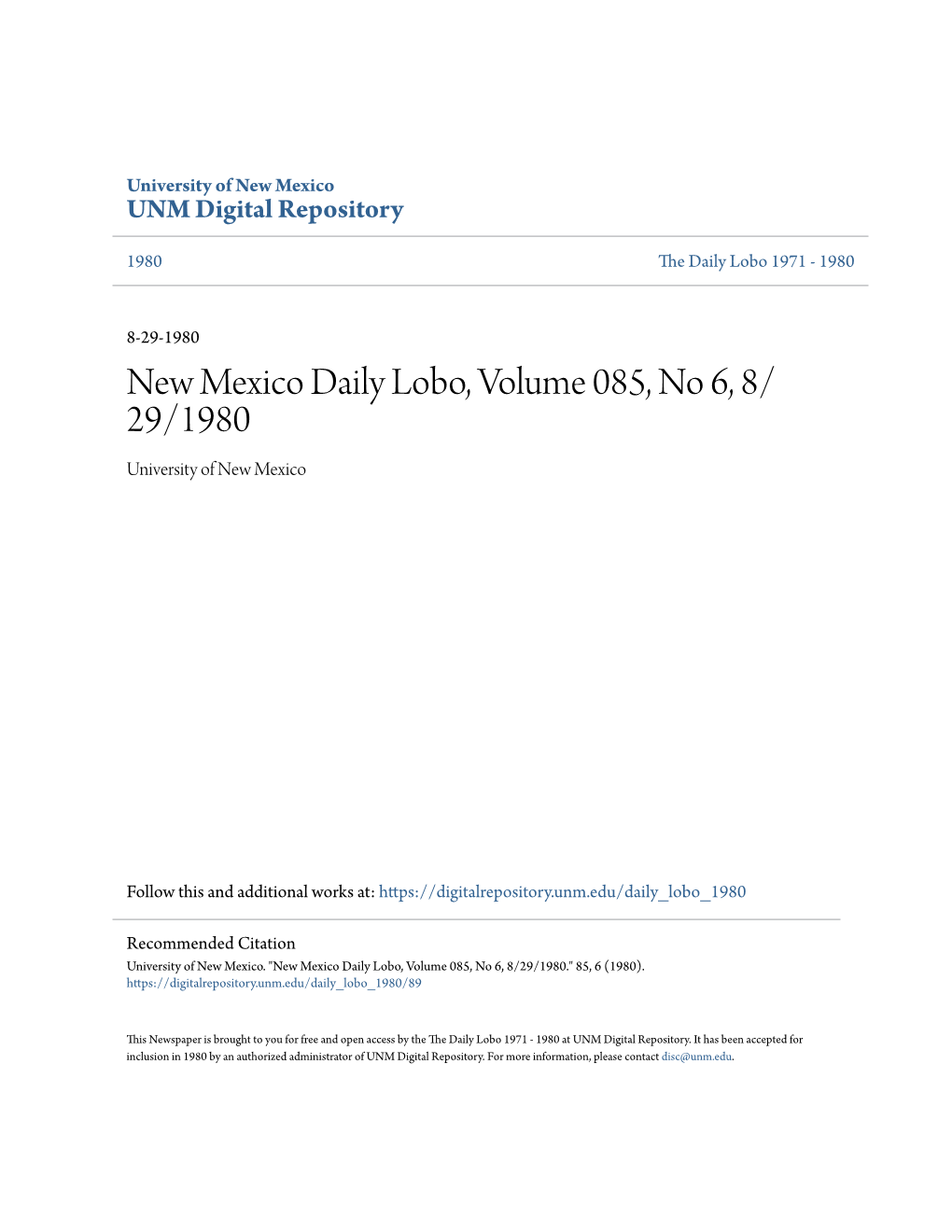 New Mexico Daily Lobo, Volume 085, No 6, 8/29/1980." 85, 6 (1980)