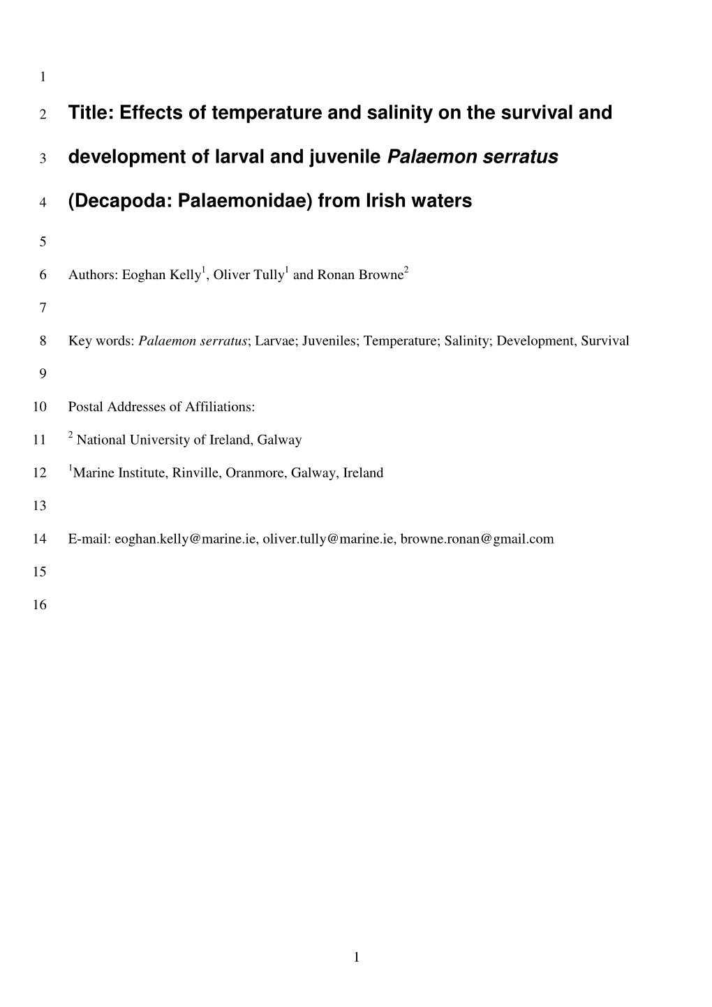 Title: Effects of Temperature and Salinity on the Survival And