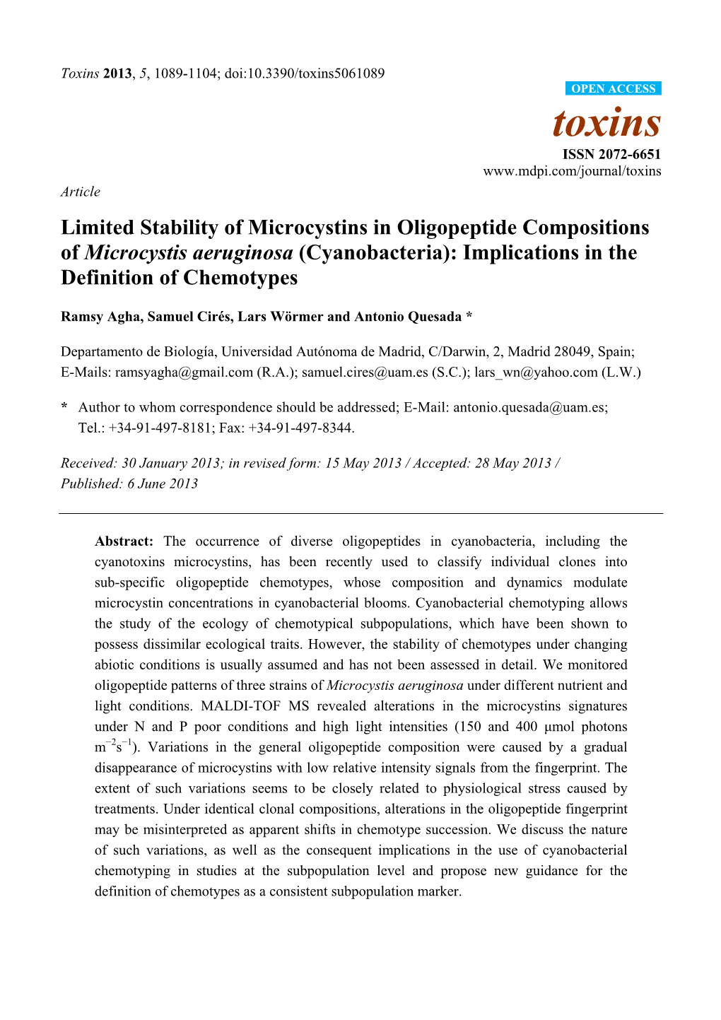 Limited Stability of Microcystins in Oligopeptide Compositions of Microcystis Aeruginosa (Cyanobacteria): Implications in the Definition of Chemotypes