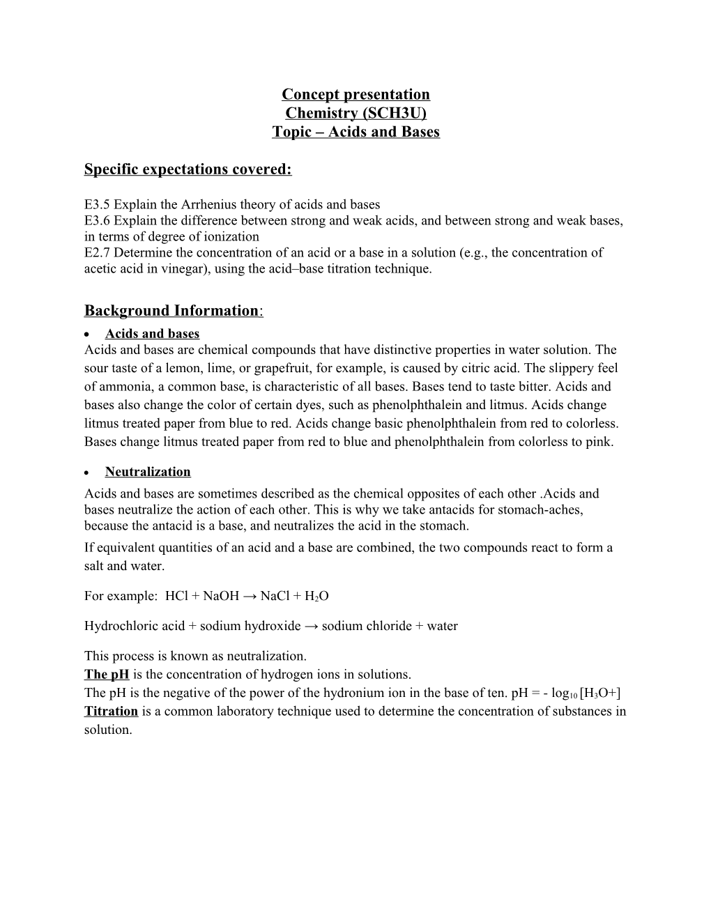 Topic Acids and Bases