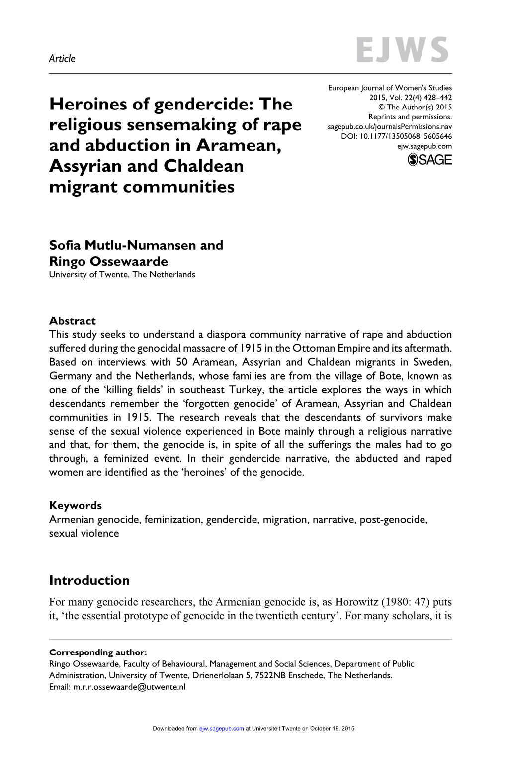 Heroines of Gendercide: the Religious Sensemaking of Rape and Abduction