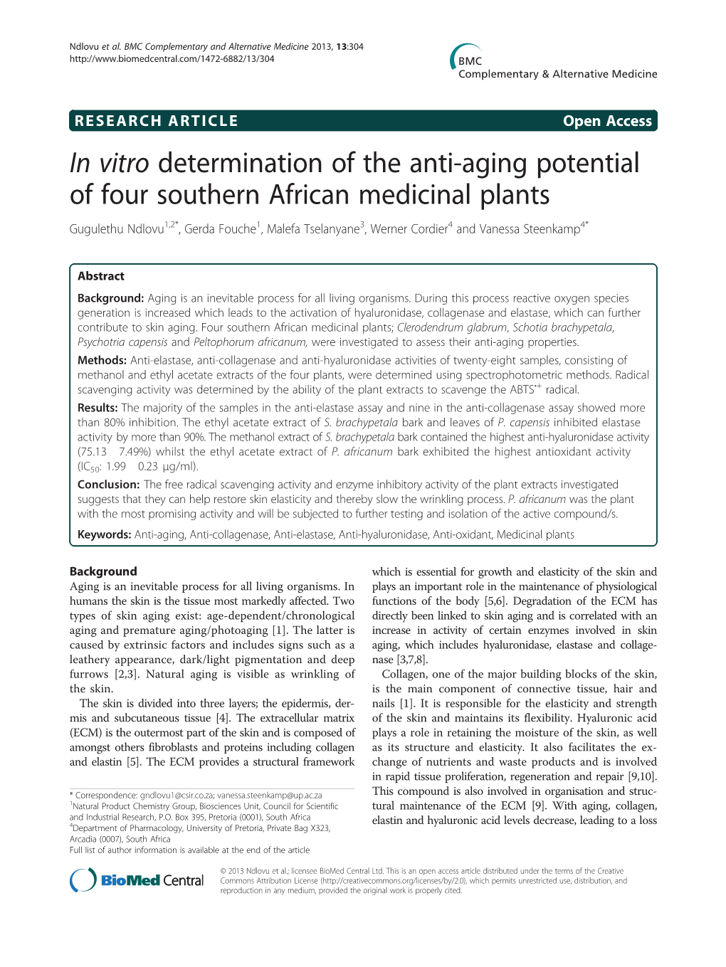 In Vitro Determination of the Anti-Aging Potential of Four Southern African