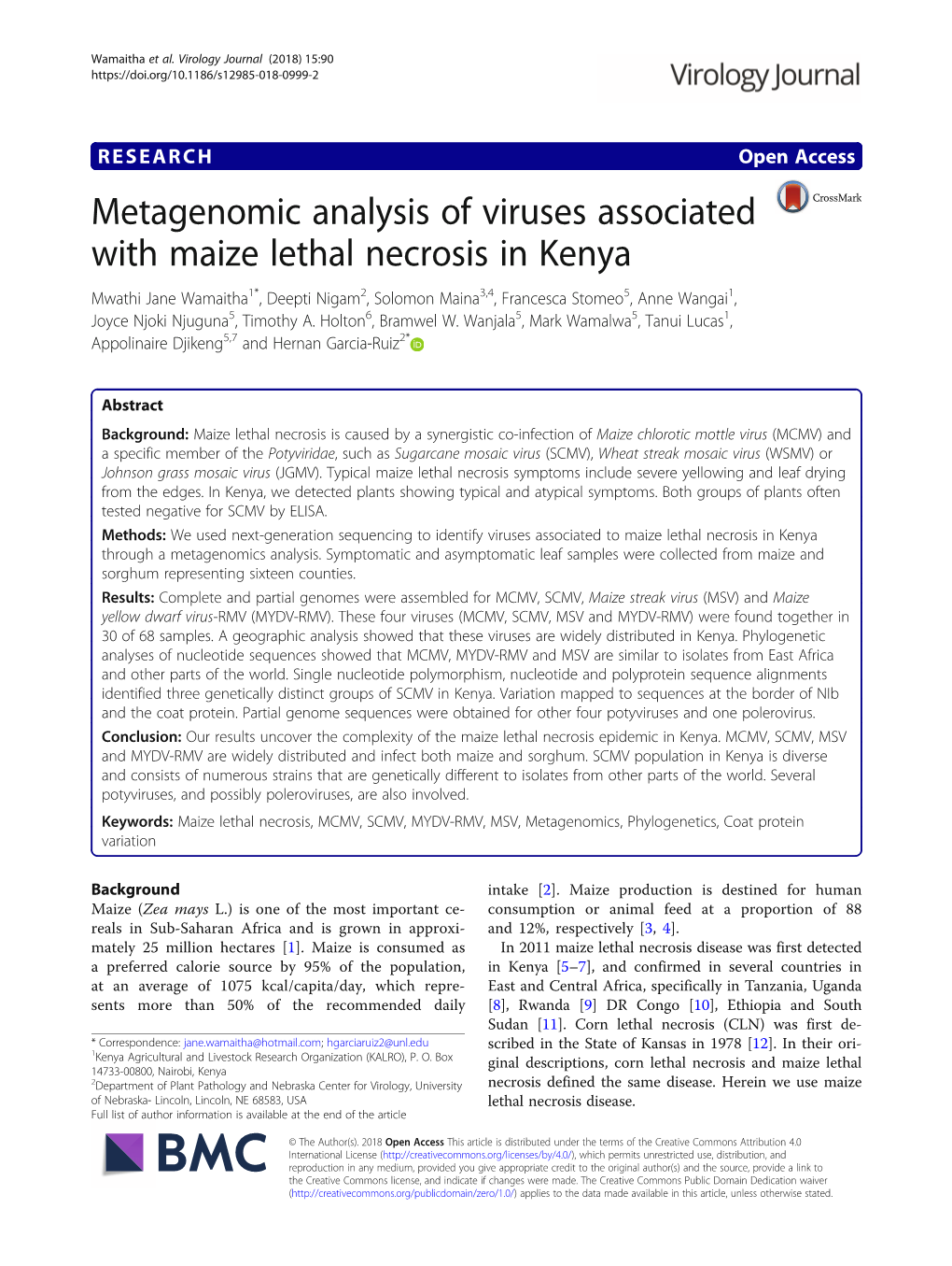 Metagenomic Analysis of Viruses Associated with Maize Lethal