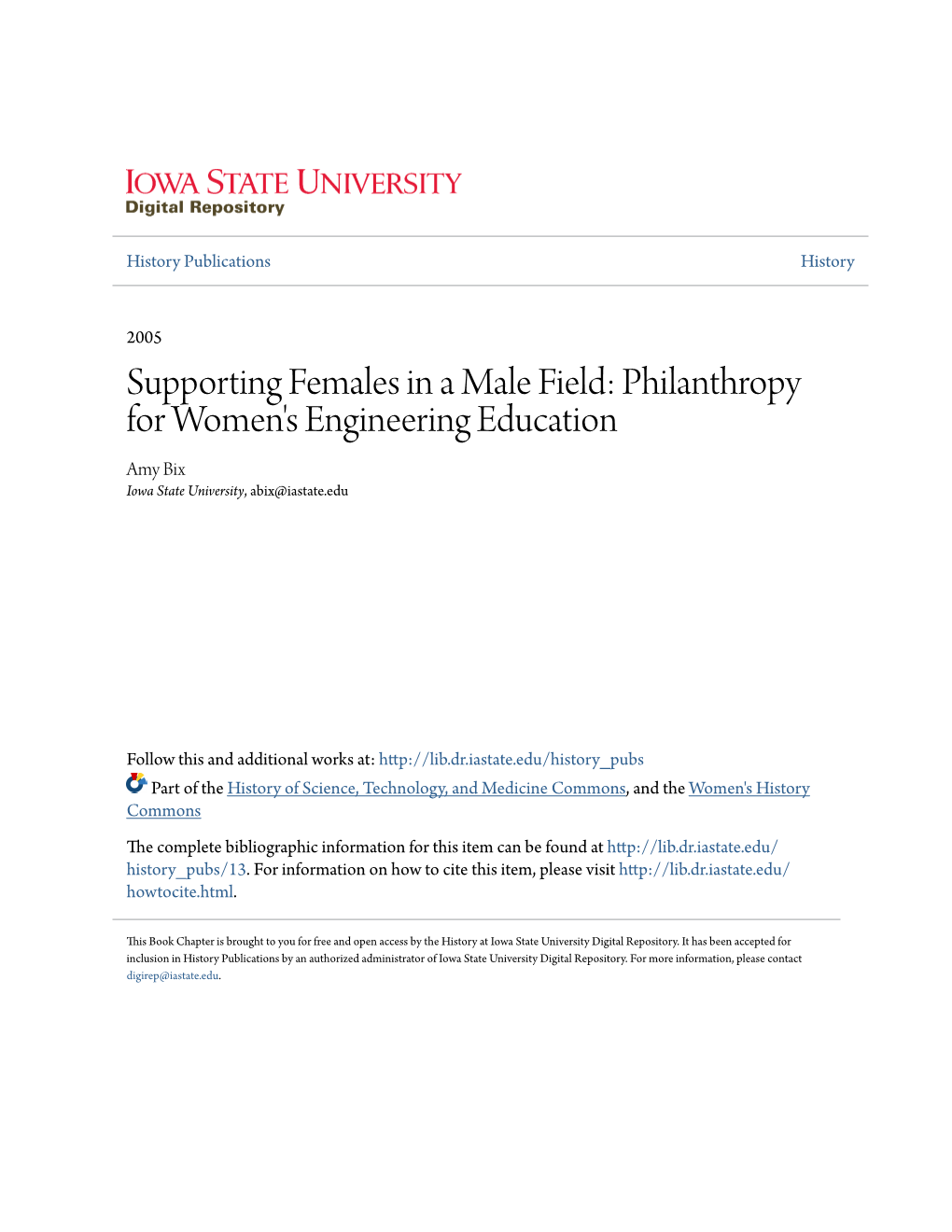 Philanthropy for Women's Engineering Education Amy Bix Iowa State University, Abix@Iastate.Edu