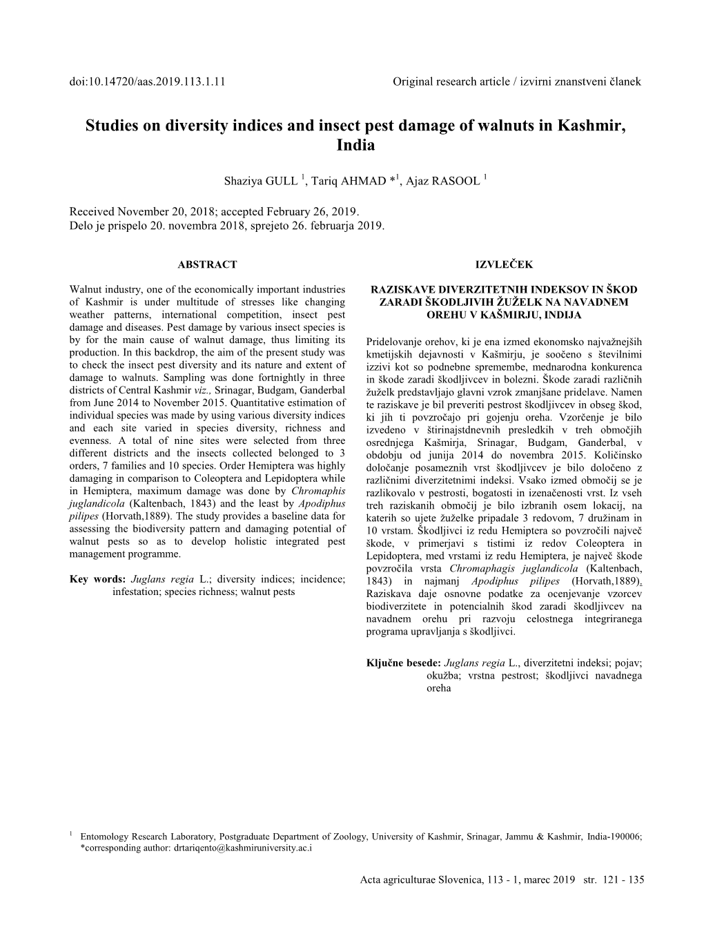 Studies on Diversity Indices and Insect Pest Damage of Walnuts in Kashmir, India