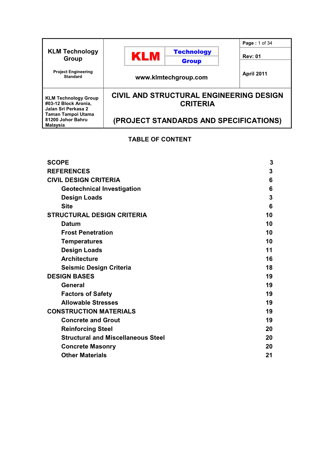 Civil and Structural Engineering Design Criteria