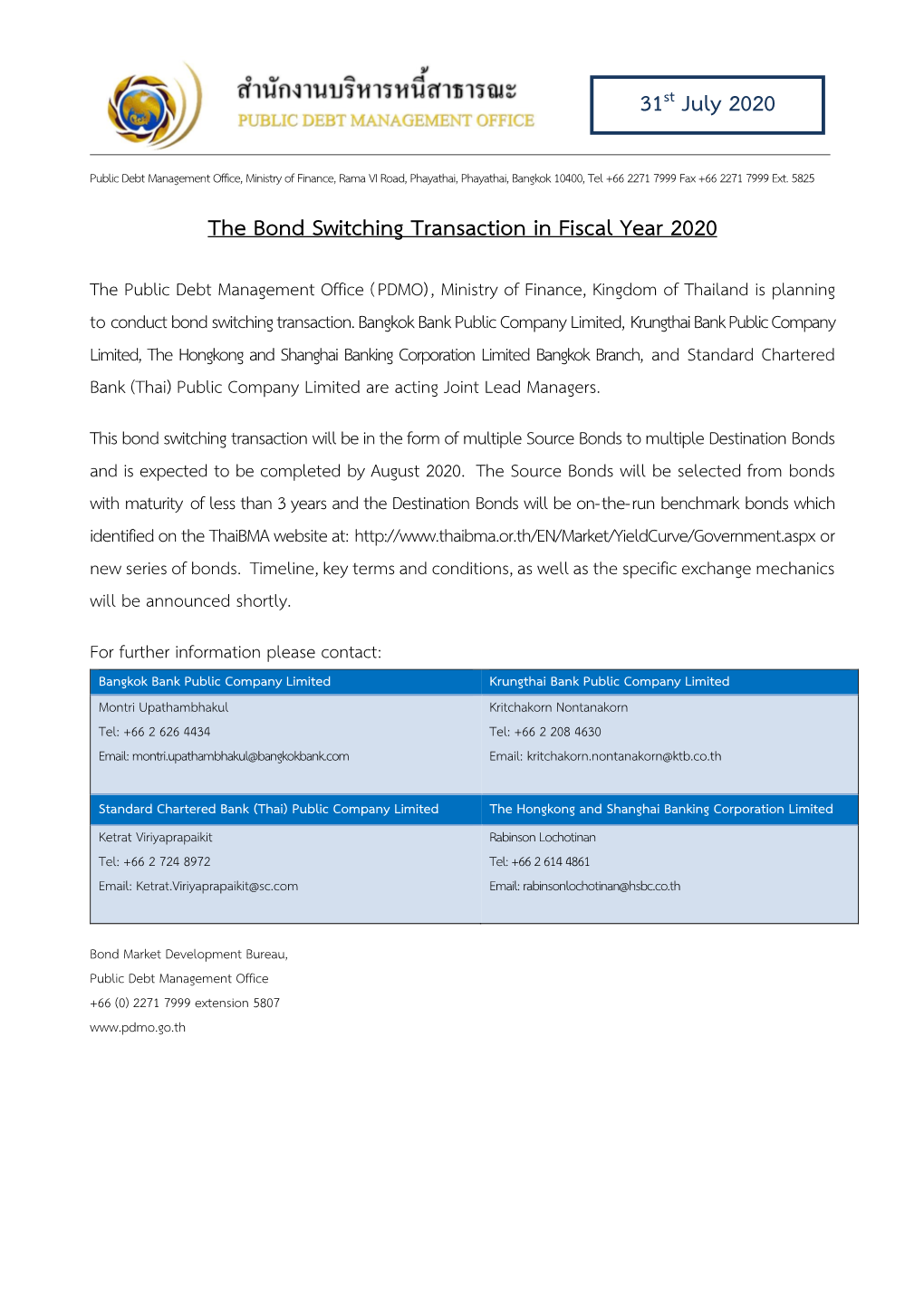 The Bond Switching Transaction in Fiscal Year 2020