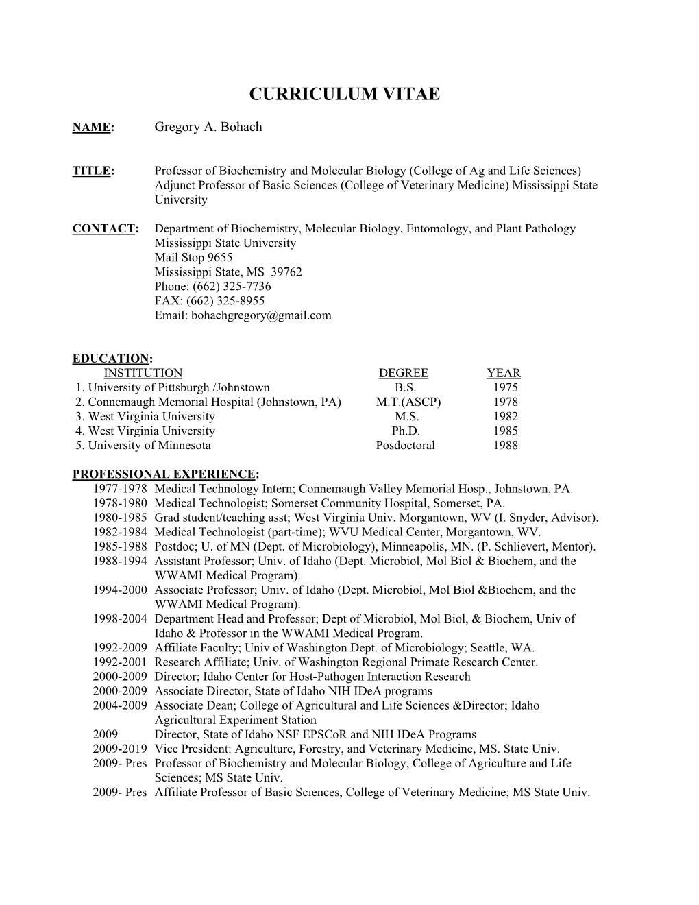 Gregory A. Bohach Curriculum Vitae