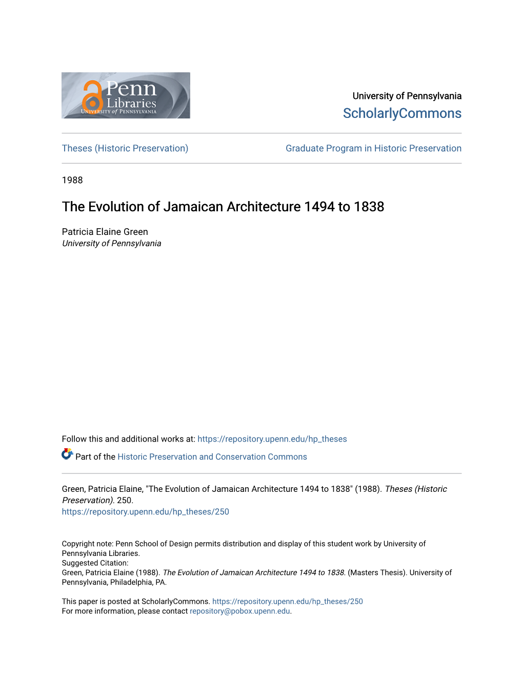 The Evolution of Jamaican Architecture 1494 to 1838