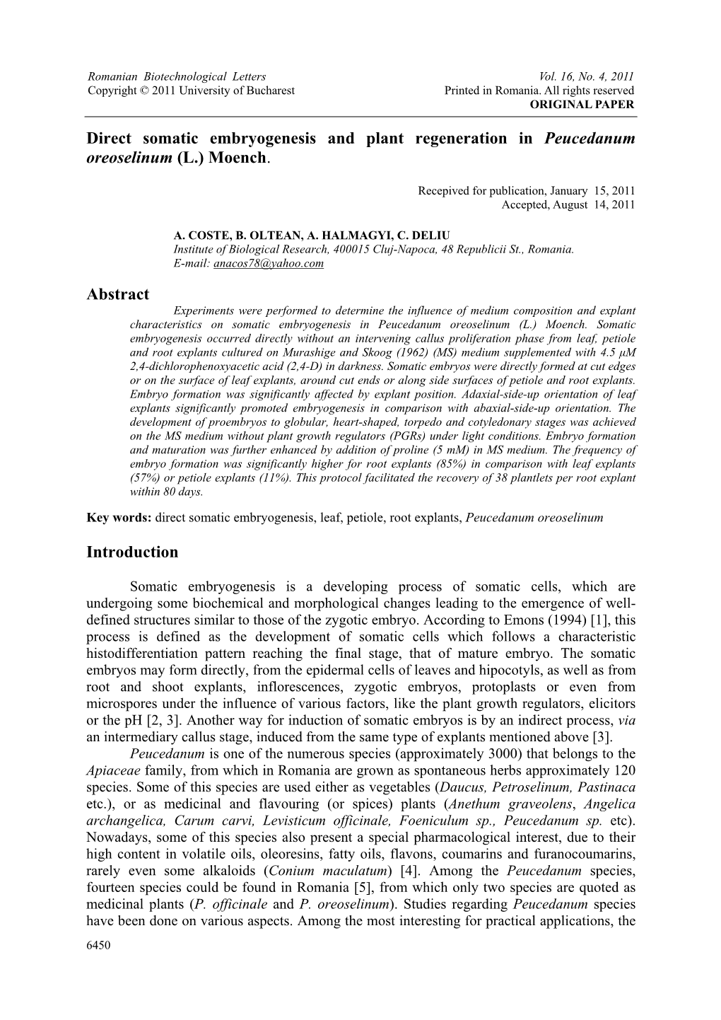 Direct Somatic Embryogenesis and Plant Regeneration in Peucedanum Oreoselinum (L.) Moench