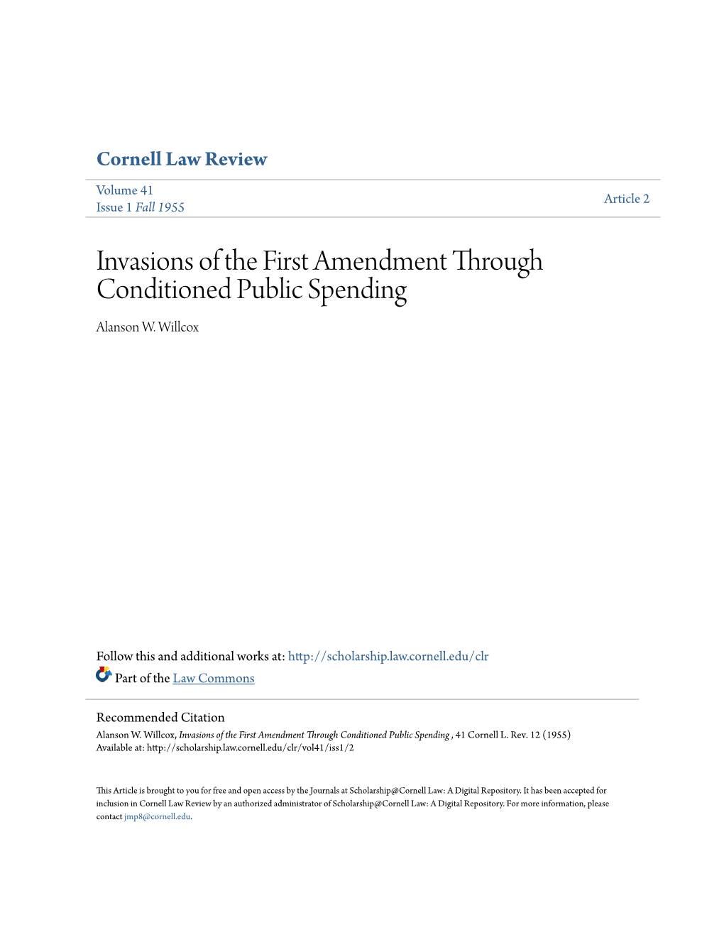 Invasions of the First Amendment Through Conditioned Public Spending Alanson W