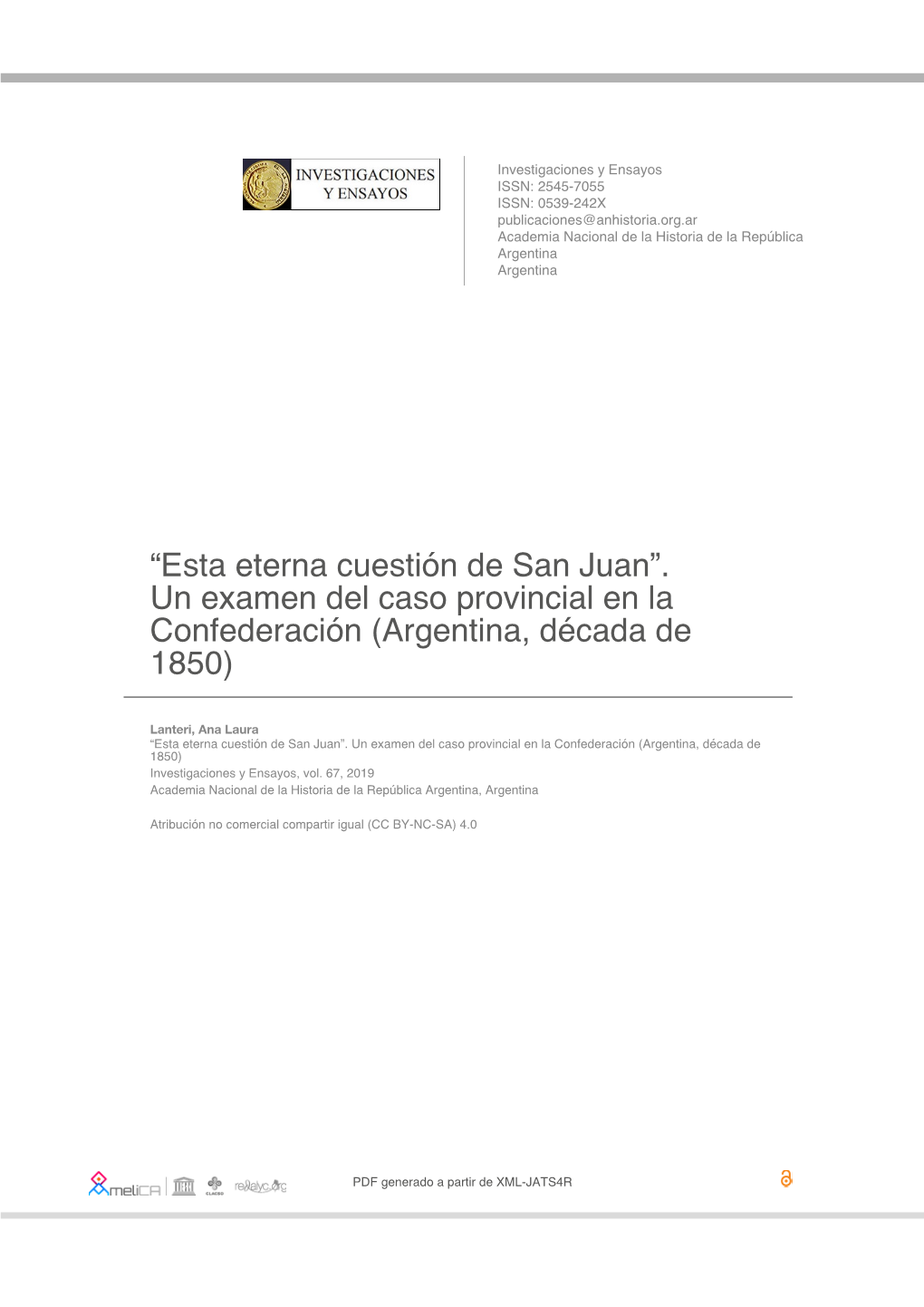 Un Examen Del Caso Provincial En La Confederación (Argentina, Década De 1850)