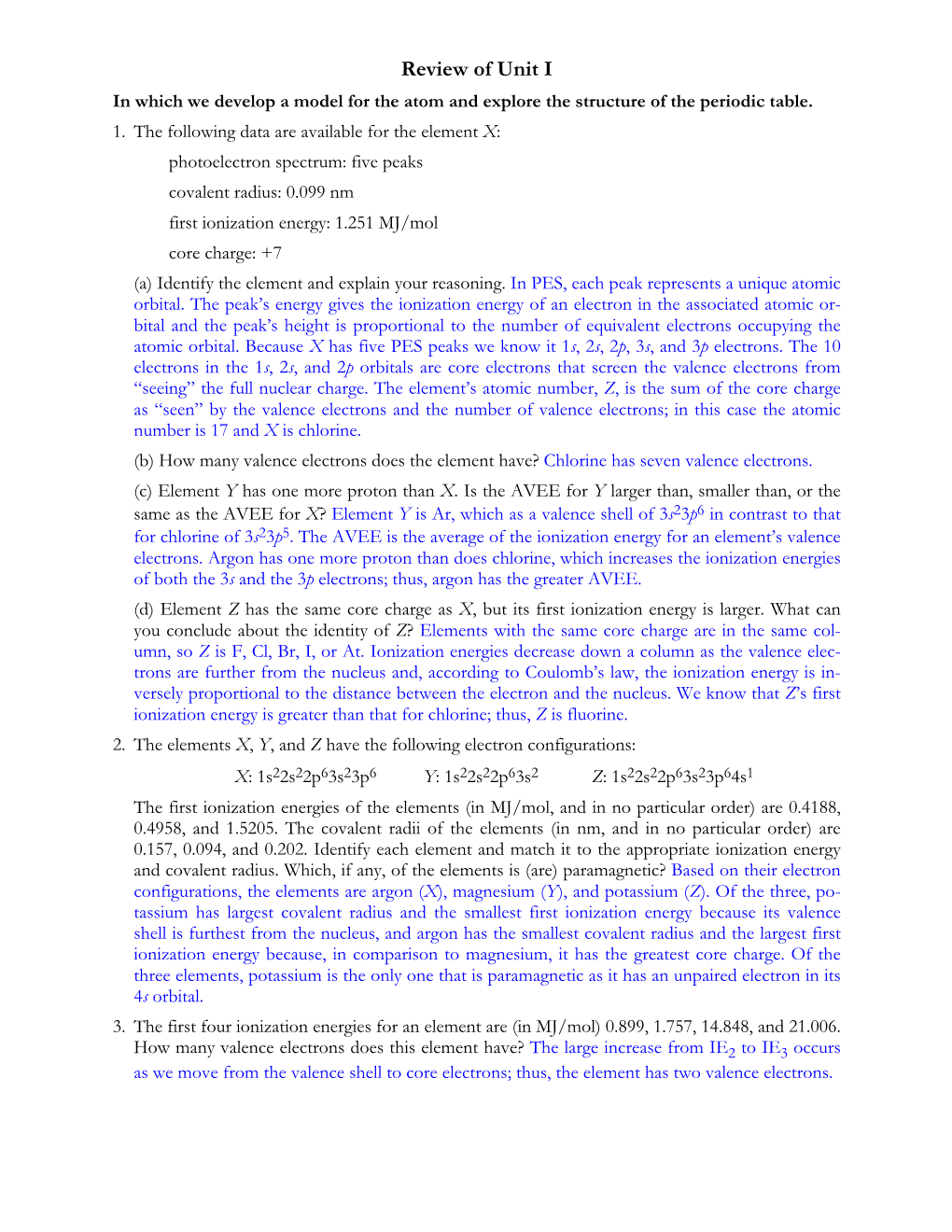 Review of Unit I in Which We Develop a Model for the Atom and Explore the Structure of the Periodic Table