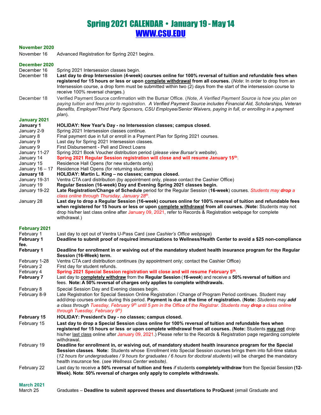 Spring 2021 CALENDAR • January 19 - May 14