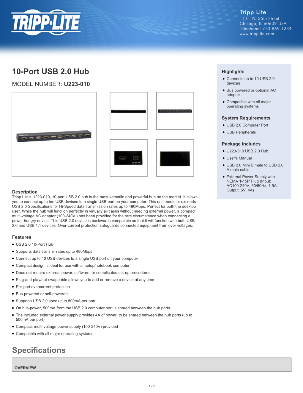Specifications 10-Port USB 2.0