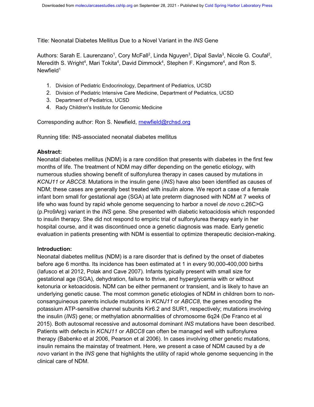 Neonatal Diabetes Mellitus Due to a Novel Variant in the INS Gene