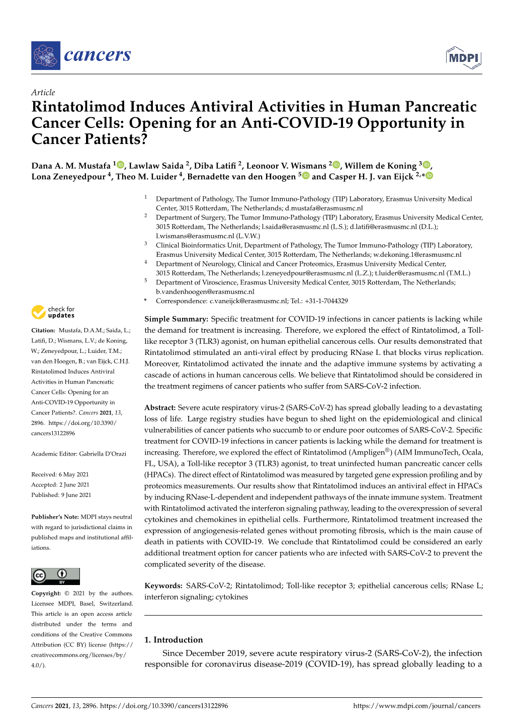 Rintatolimod Induces Antiviral Activities in Human Pancreatic Cancer Cells: Opening for an Anti-COVID-19 Opportunity in Cancer Patients?