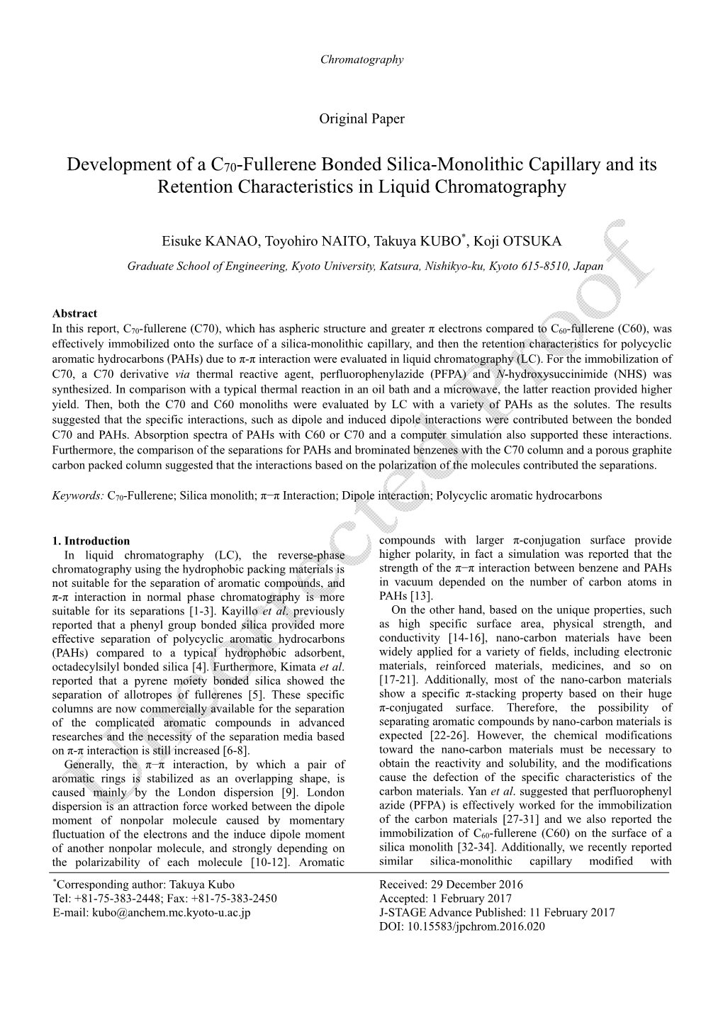 Development of a C70-Fullerene Bonded Silica-Monolithic Capillary and Its Retention Characteristics in Liquid Chromatography