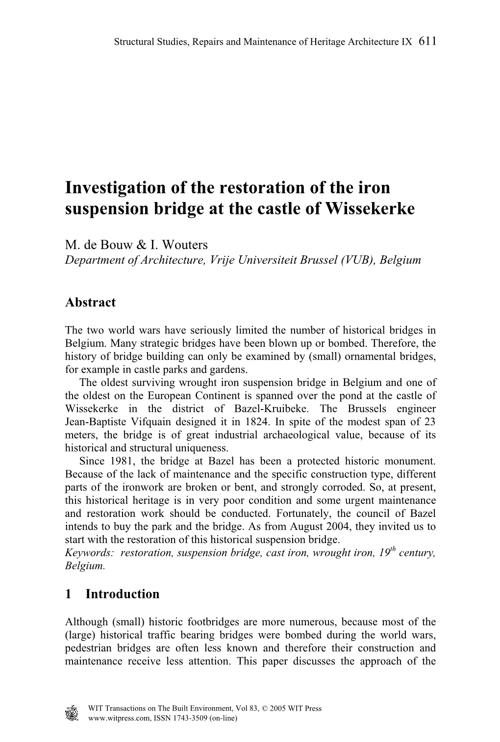 Investigation of the Restoration of the Iron Suspension Bridge at the Castle of Wissekerke