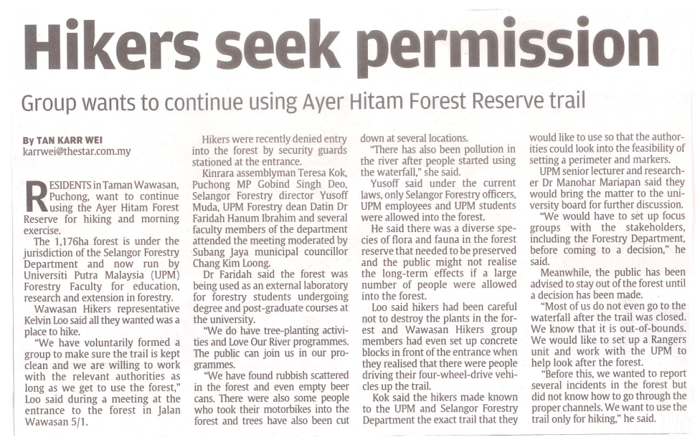 Hikers Seek Permission Group Wants to Continue Using Ayer Hitam Forest Reserve Trail