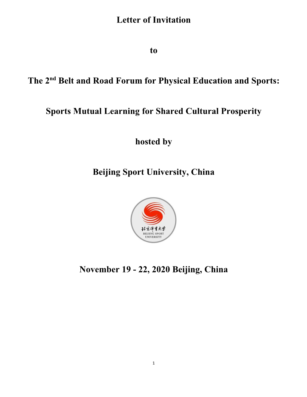 Letter of Invitation to the 2Nd Belt and Road Forum for Physical Education
