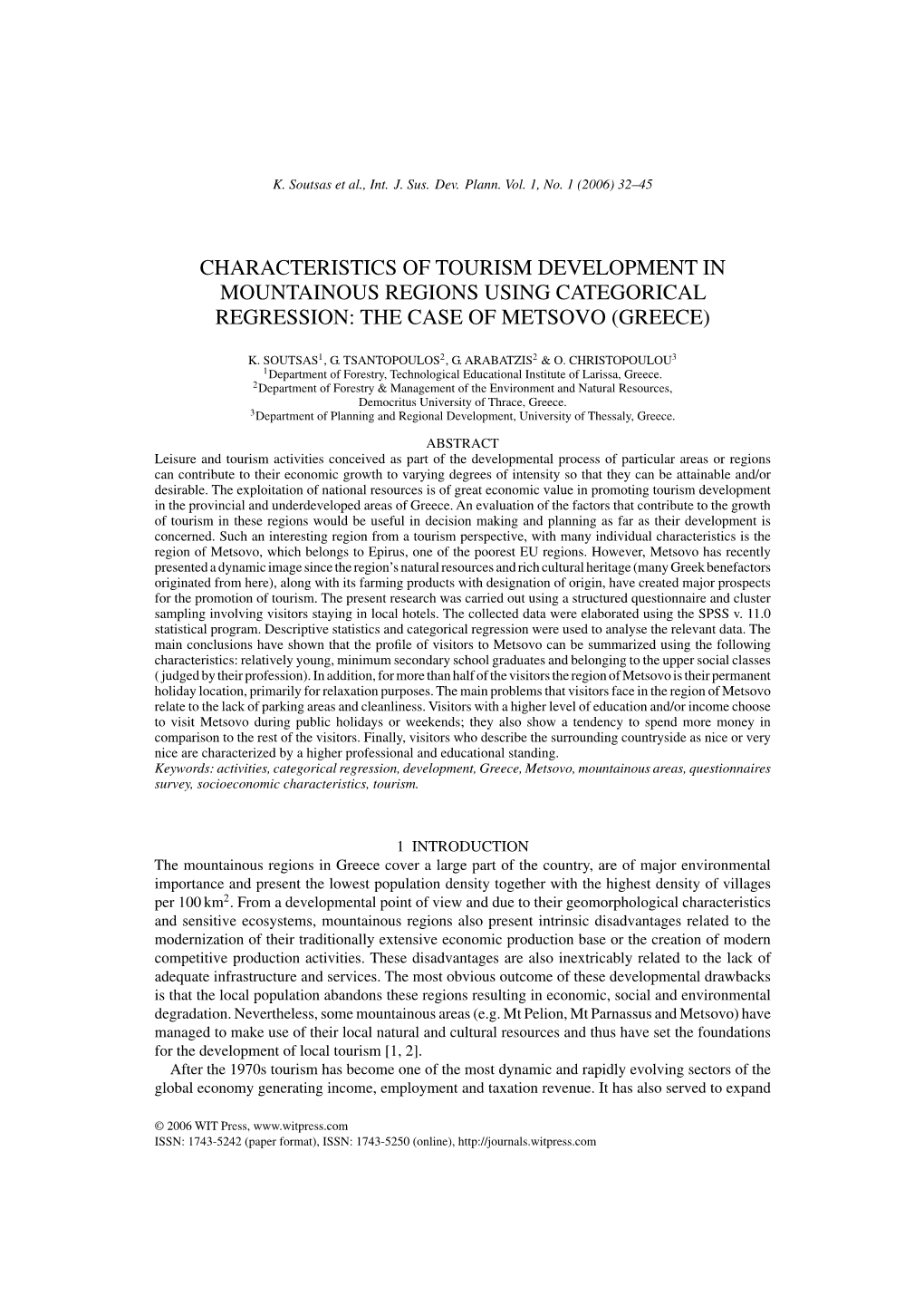 Characteristics of Tourism Development in Mountainous Regions Using Categorical Regression: the Case of Metsovo (Greece)