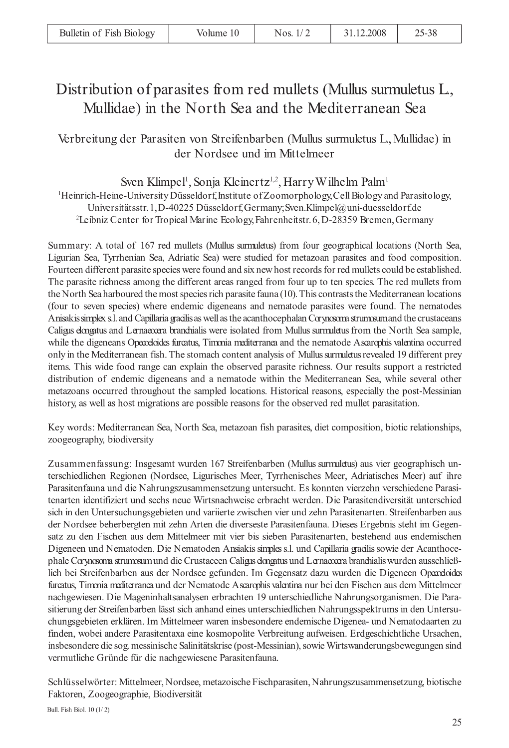 Distribution of Parasites from Red Mullets (Mullus Surmuletus L., Mullidae) in the North Sea and the Mediterranean Sea