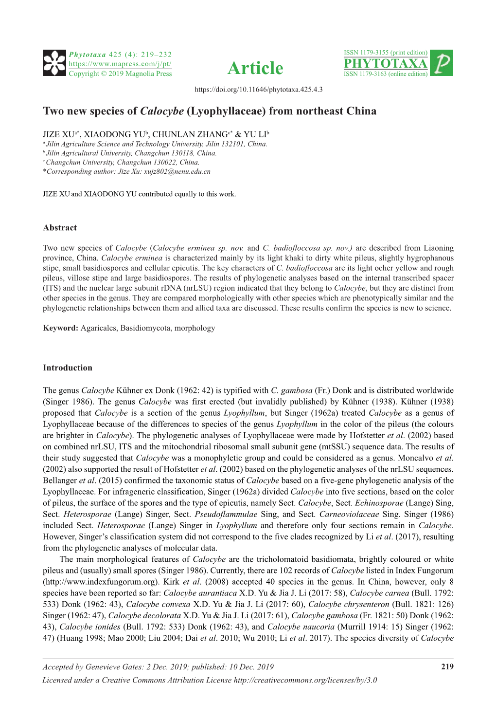 Two New Species of Calocybe (Lyophyllaceae) from Northeast China