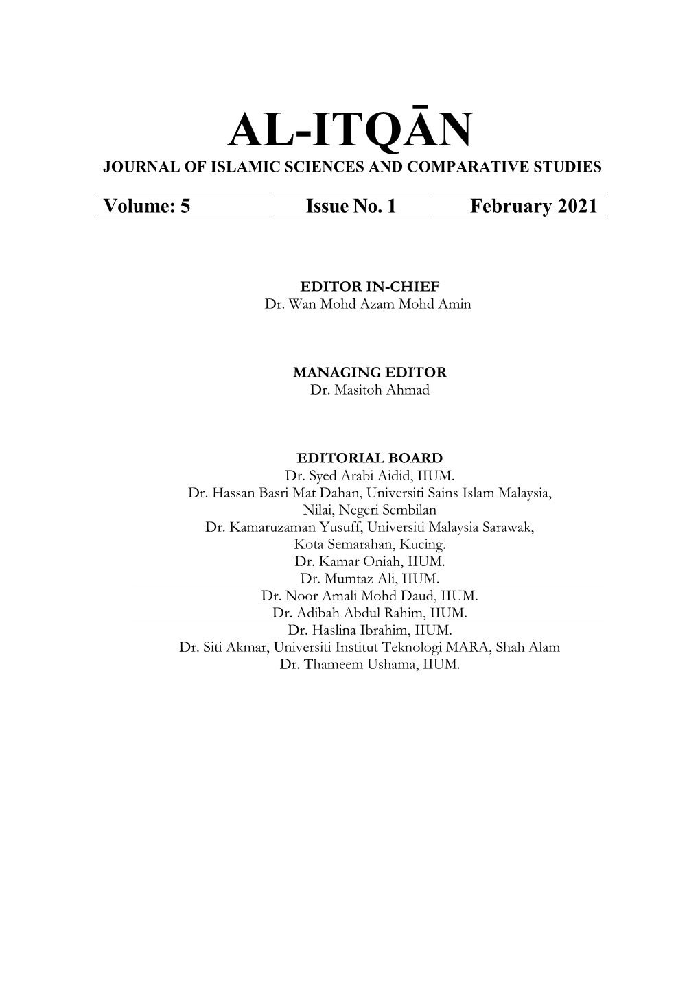 Al-Itqān Journal of Islamic Sciences and Comparative Studies