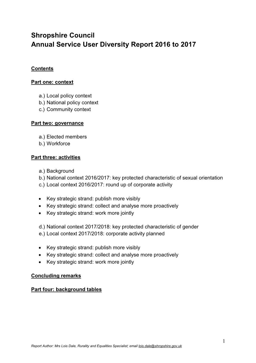 Shropshire Council Annual Service User Diversity Report 2016 to 2017