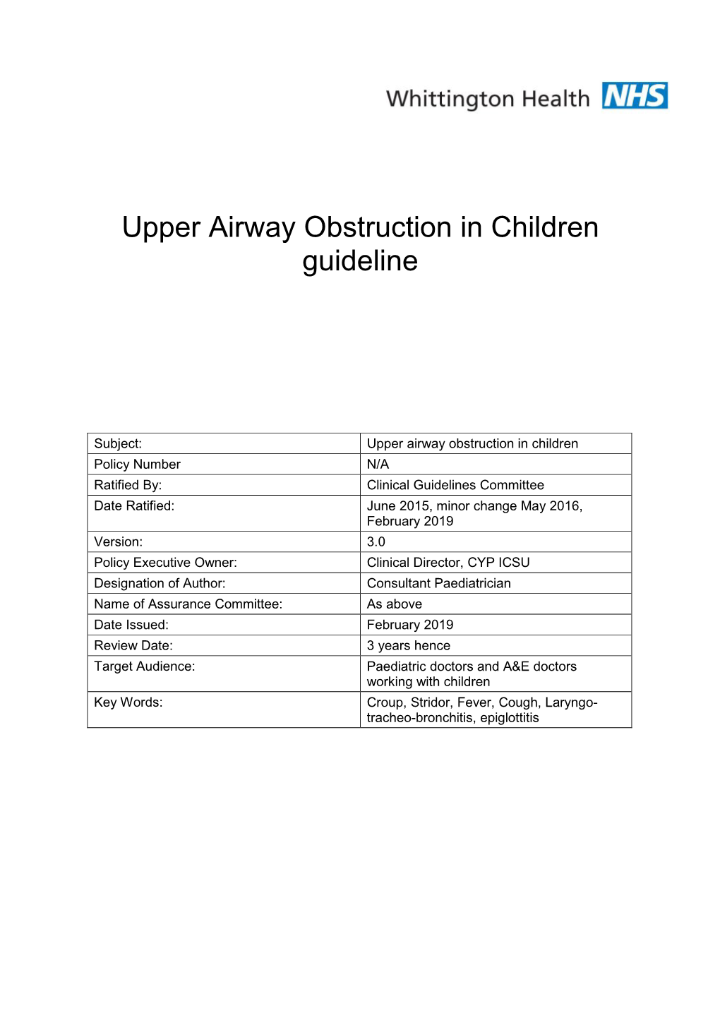 Upper Airway Obstruction in Children Guideline