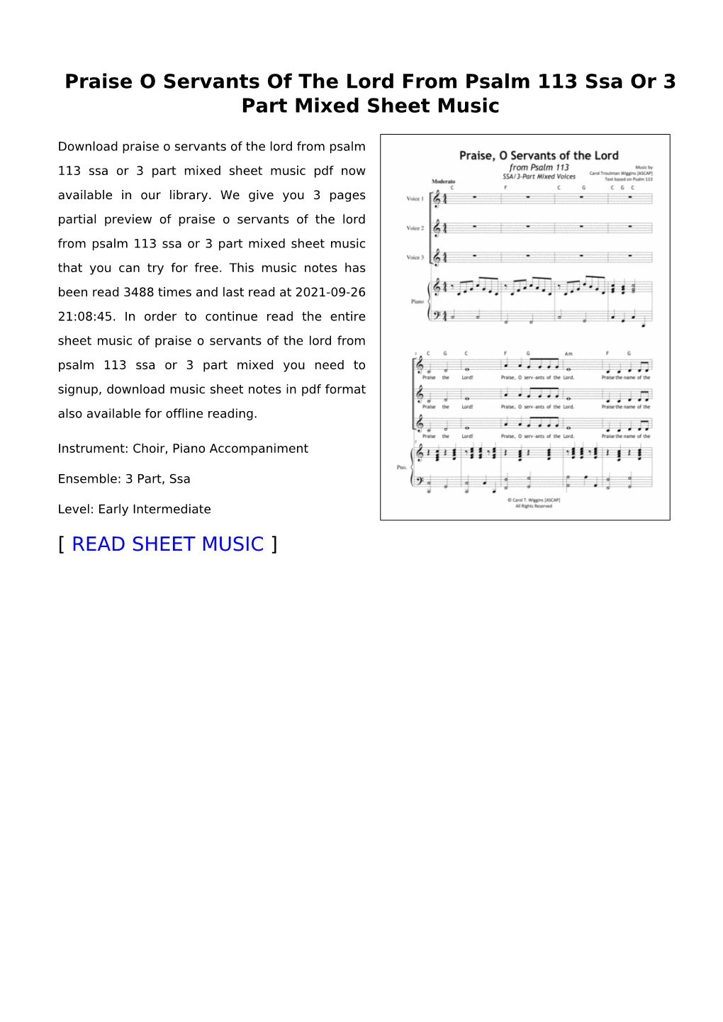 Praise O Servants of the Lord from Psalm 113 Ssa Or 3 Part Mixed Sheet Music