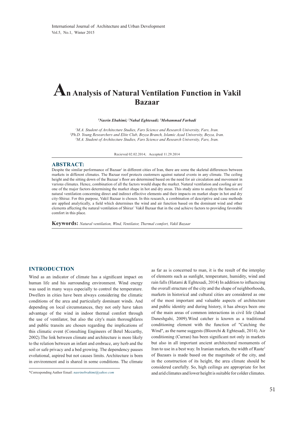 An Analysis of Natural Ventilation Function in Vakil Bazaar