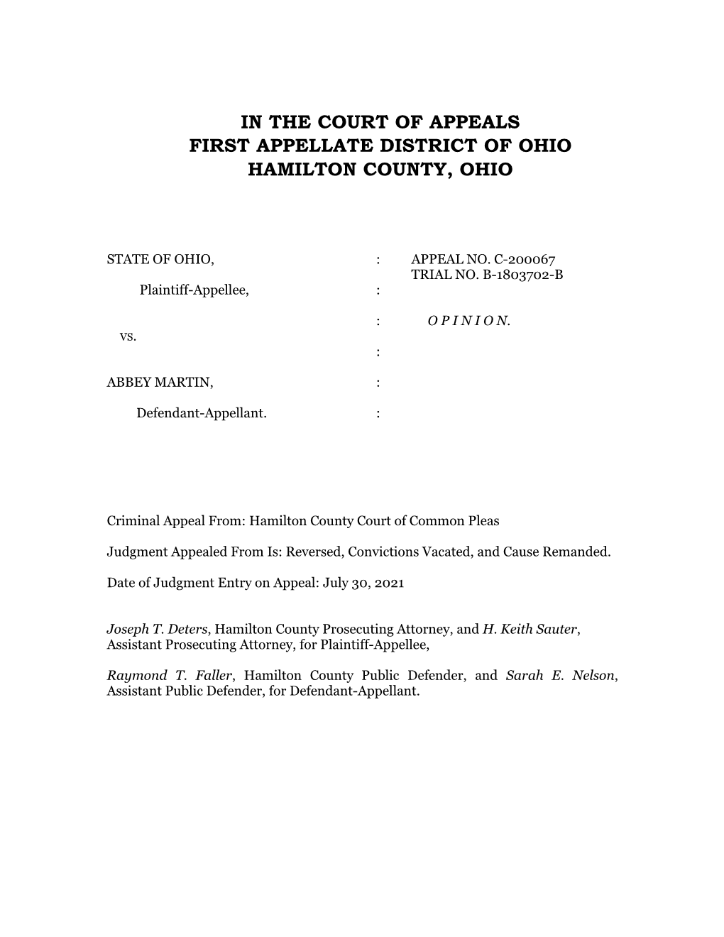 In the Court of Appeals First Appellate District of Ohio Hamilton County, Ohio