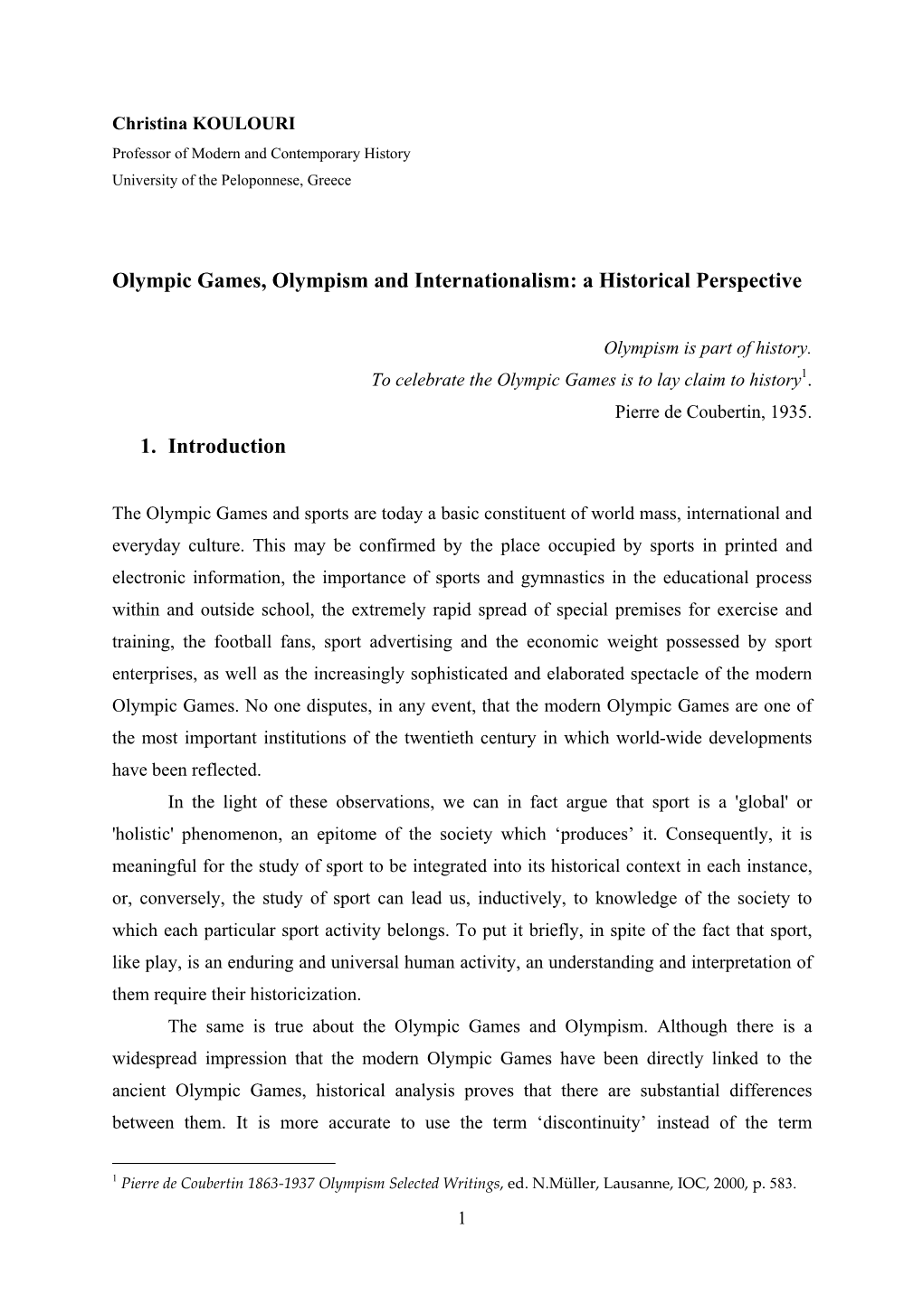 Olympic Games, Olympism and Internationalism: a Historical Perspective