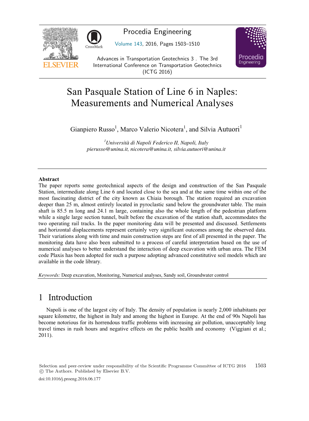 San Pasquale Station of Line 6 in Naples: Measurements and Numerical Analyses