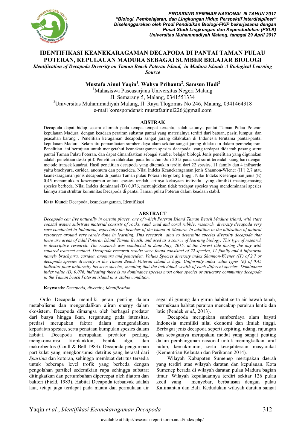 Yaqin Et Al., Identifikasi Keanekaragaman Decapoda 312