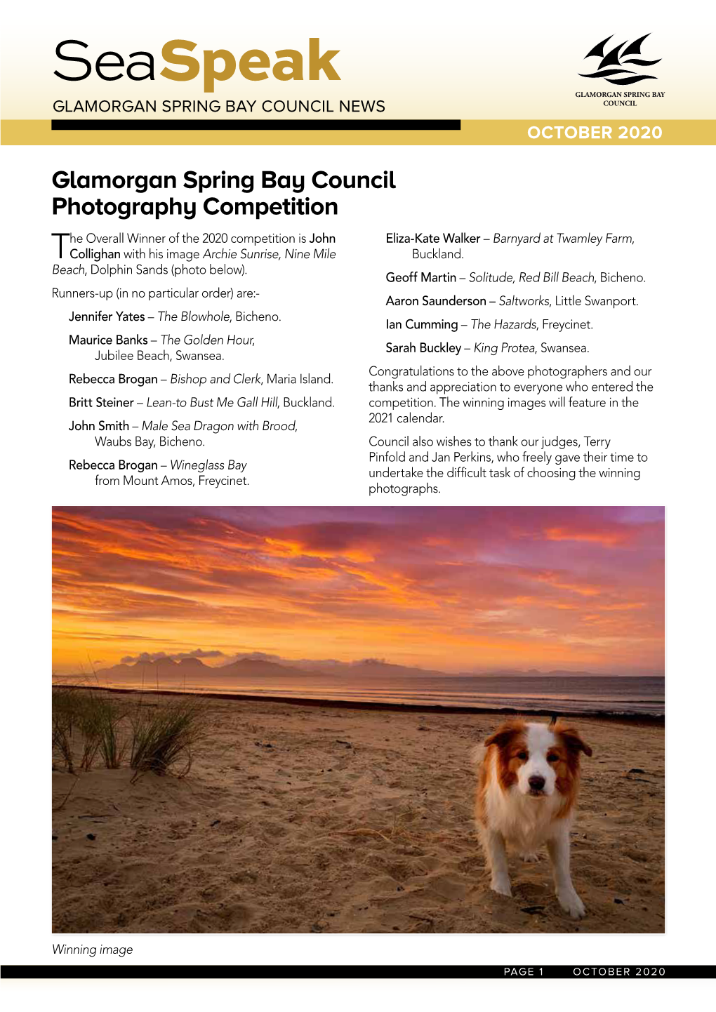 Seaspeak GLAMORGAN SPRING BAY GLAMORGAN SPRING BAY COUNCIL NEWS COUNCIL OCTOBER 2020