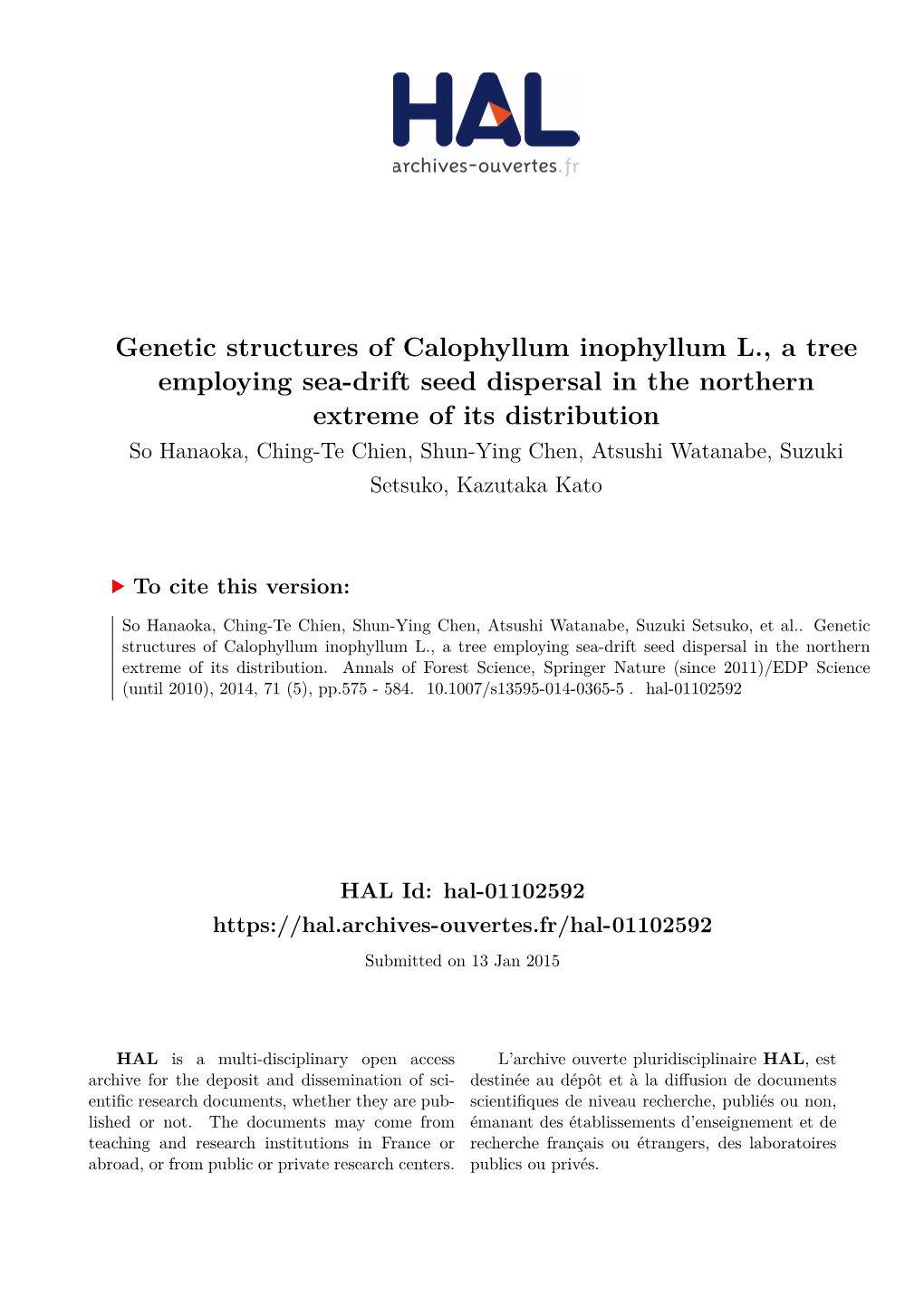 Genetic Structures of Calophyllum Inophyllum L., a Tree Employing Sea